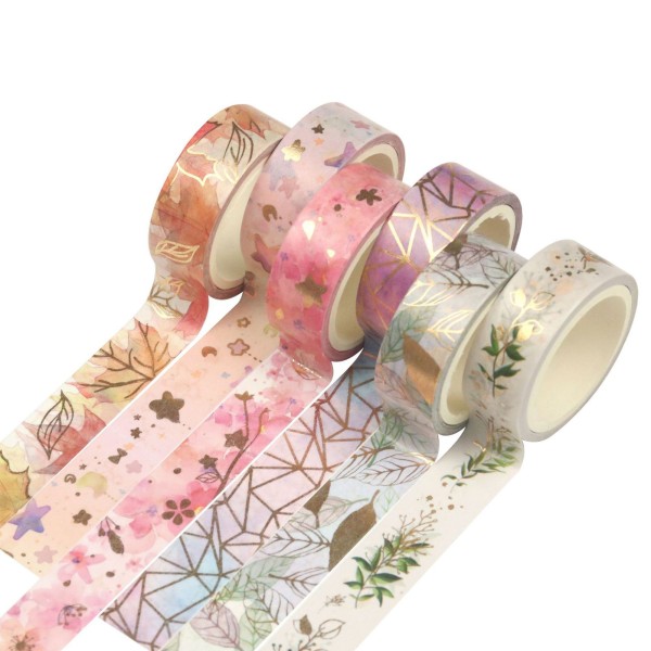 6 Rolls Washi Tape Set Floral Gold Foil Washi Masking Tape 15mm Wide Plant Leaves Flower Decorative Adhesive Tape Sticker for DIY Arts & Crafts Journals Planners Scrapbooking Card Gift Wrapping