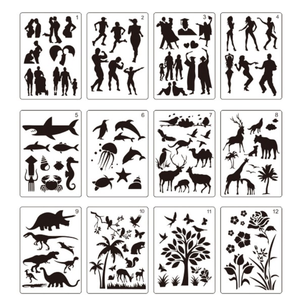 12pcs Drawing Stencils Kit People Animals Plants Pattern Reusable Templates for DIY Craft Journal Notebook Diary Scrapbooking Card Decoration Painting School Art Project