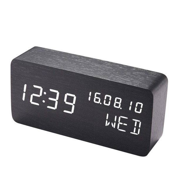 Desk Wooden Alarm Clock with Voice Control Date Temperature Adjustable 3 Brightness Display LED Digital Alarm Clocks for Bedroom Bedside