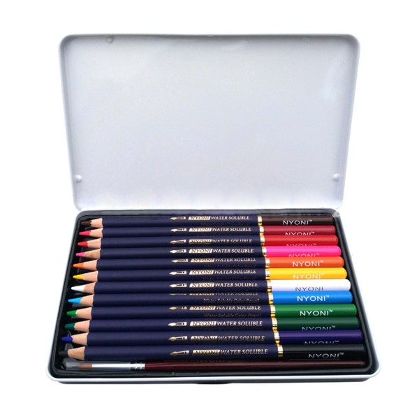 NYONI Professional Watercolor Pencils Set 12/24/36/48/72/100 Colored Pencils Water Soluble Color Pencils with Brush and Metal Box Art Supplies for Children Students Artists Adults for Drawing Sketching Painting Coloring Books