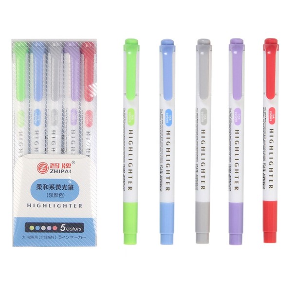 5 Colors Dual Tip Highlighter Pens Broad Chisel and Fine Tips Marker Pen for for School Students Office Home Supplies