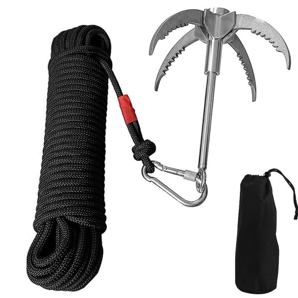 Foldable 4 Claws Stainless Steel Climbing Grappling Hook with 65ft 8mm Auxiliary Rope Carabiner for Outdoor Activities
