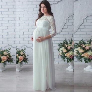 Women Maternity Dress Lace Long Sleeve Pregnant Photo Shoot Party Gown Photography Maxi Dress Black/White/Burgundy