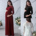 Women Maternity Dress Lace Long Sleeve Pregnant Photo Shoot Party Gown Photography Maxi Dress Black/White/Burgundy