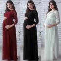 Women Maternity Dress Lace Long Sleeve Pregnant Photo Shoot Party Gown Photography Maxi Dress Black/White/Burgundy