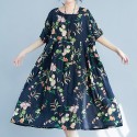 Ethnic Women Dress Colorful Floral Print Side Pockets Pleated Short Sleeve Maxi Gown Loose One-Piece