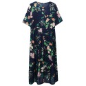 Ethnic Women Dress Colorful Floral Print Side Pockets Pleated Short Sleeve Maxi Gown Loose One-Piece