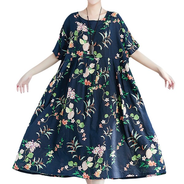 Ethnic Women Dress Colorful Floral Print Side Pockets Pleated Short Sleeve Maxi Gown Loose One-Piece