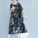 Ethnic Women Dress Colorful Floral Print Side Pockets Pleated Short Sleeve Maxi Gown Loose One-Piece