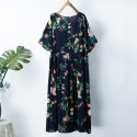 Ethnic Women Dress Colorful Floral Print Side Pockets Pleated Short Sleeve Maxi Gown Loose One-Piece