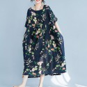 Ethnic Women Dress Colorful Floral Print Side Pockets Pleated Short Sleeve Maxi Gown Loose One-Piece