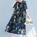 Ethnic Women Dress Colorful Floral Print Side Pockets Pleated Short Sleeve Maxi Gown Loose One-Piece