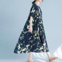 Ethnic Women Dress Colorful Floral Print Side Pockets Pleated Short Sleeve Maxi Gown Loose One-Piece