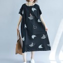 Plus Size Women Loose Dress Cute Cartoon Cat Print O Neck Raglan Short Sleeve Baggy Large Size Oversized Maxi Dress