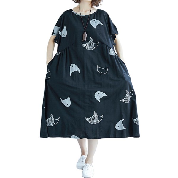 Plus Size Women Loose Dress Cute Cartoon Cat Print O Neck Raglan Short Sleeve Baggy Large Size Oversized Maxi Dress