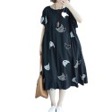 Plus Size Women Loose Dress Cute Cartoon Cat Print O Neck Raglan Short Sleeve Baggy Large Size Oversized Maxi Dress