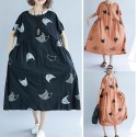 Plus Size Women Loose Dress Cute Cartoon Cat Print O Neck Raglan Short Sleeve Baggy Large Size Oversized Maxi Dress