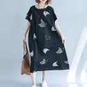 Plus Size Women Loose Dress Cute Cartoon Cat Print O Neck Raglan Short Sleeve Baggy Large Size Oversized Maxi Dress