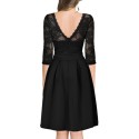 New Summer Women Sheer Lace Panel Dress O-neck 3/4 Sleeve Zipper Ruffle Hem Elegant Solid Evening Midi Dress