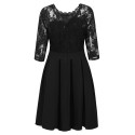 New Summer Women Sheer Lace Panel Dress O-neck 3/4 Sleeve Zipper Ruffle Hem Elegant Solid Evening Midi Dress