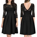 New Summer Women Sheer Lace Panel Dress O-neck 3/4 Sleeve Zipper Ruffle Hem Elegant Solid Evening Midi Dress