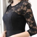 New Summer Women Sheer Lace Panel Dress O-neck 3/4 Sleeve Zipper Ruffle Hem Elegant Solid Evening Midi Dress