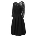 New Summer Women Sheer Lace Panel Dress O-neck 3/4 Sleeve Zipper Ruffle Hem Elegant Solid Evening Midi Dress