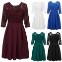 New Summer Women Sheer Lace Panel Dress O-neck 3/4 Sleeve Zipper Ruffle Hem Elegant Solid Evening Midi Dress