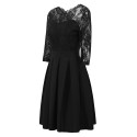 New Summer Women Sheer Lace Panel Dress O-neck 3/4 Sleeve Zipper Ruffle Hem Elegant Solid Evening Midi Dress