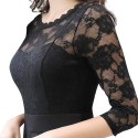 New Summer Women Sheer Lace Panel Dress O-neck 3/4 Sleeve Zipper Ruffle Hem Elegant Solid Evening Midi Dress