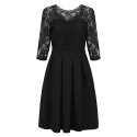 New Summer Women Sheer Lace Panel Dress O-neck 3/4 Sleeve Zipper Ruffle Hem Elegant Solid Evening Midi Dress