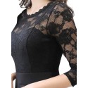 New Summer Women Sheer Lace Panel Dress O-neck 3/4 Sleeve Zipper Ruffle Hem Elegant Solid Evening Midi Dress