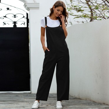 Vintage Women Cotton Wide Leg Jumpsuit Plus Size Sleeveless Side Pockets Romper Full Length Pure Color Overalls