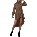 Women Blouse Dress Asymmetrical High-Low Hem Turtleneck Back Bow Long Puff Sleeve Tops Loose Casual Tunic