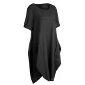 Women Tunic Dress Roll-up Short Sleeve Comfortable Cotton Pockets Irregular Hem Solid Baggy Midi Dress