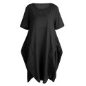 Women Tunic Dress Roll-up Short Sleeve Comfortable Cotton Pockets Irregular Hem Solid Baggy Midi Dress