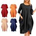 Women Tunic Dress Roll-up Short Sleeve Comfortable Cotton Pockets Irregular Hem Solid Baggy Midi Dress