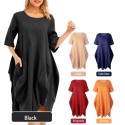 Women Tunic Dress Roll-up Short Sleeve Comfortable Cotton Pockets Irregular Hem Solid Baggy Midi Dress