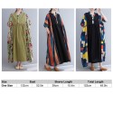 Vintage Women Dress Splicing Print V Neck Short Sleeve Pocket Loose Casual Dress