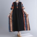 Vintage Women Dress Splicing Print V Neck Short Sleeve Pocket Loose Casual Dress