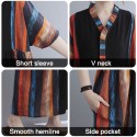 Vintage Women Dress Splicing Print V Neck Short Sleeve Pocket Loose Casual Dress