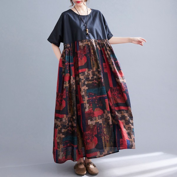 Women Loose Maxi Dress Vintage High Waist Printed Pockets Oversized Boho Holiday Casual Dresses