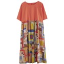 Women Casual Dress Contrast Color Print Pockets Loose O-Neck Short Sleeves Plus Size Summer Dress