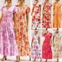 Women Dress Ruffle Floral Print Tie Waist Empire Dress V Neck Short Sleeve Summer Long Dress