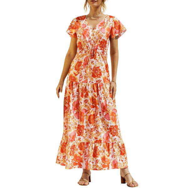 Women Dress Ruffle Floral Print Tie Waist Empire Dress V Neck Short Sleeve Summer Long Dress
