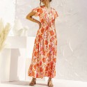 Women Dress Ruffle Floral Print Tie Waist Empire Dress V Neck Short Sleeve Summer Long Dress