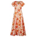 Women Dress Ruffle Floral Print Tie Waist Empire Dress V Neck Short Sleeve Summer Long Dress