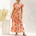 Women Dress Ruffle Floral Print Tie Waist Empire Dress V Neck Short Sleeve Summer Long Dress