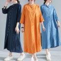 Women Shirt Dress with Pockets 3/4 Sleeve Buttons Dress Vintage Holiday Casual Long Shirts