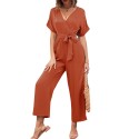 Women Jumpsuit Short Sleeved Waist Strap Casual Crop Rompers